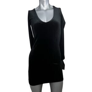 Black Velvet Mini Dress Small Long Sleeve Bodycon Vneck Goth Witchy LBD